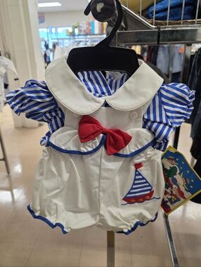 Vintage Sailboat Baby Romper Set with Blue Stripes & Red Bow, Off White